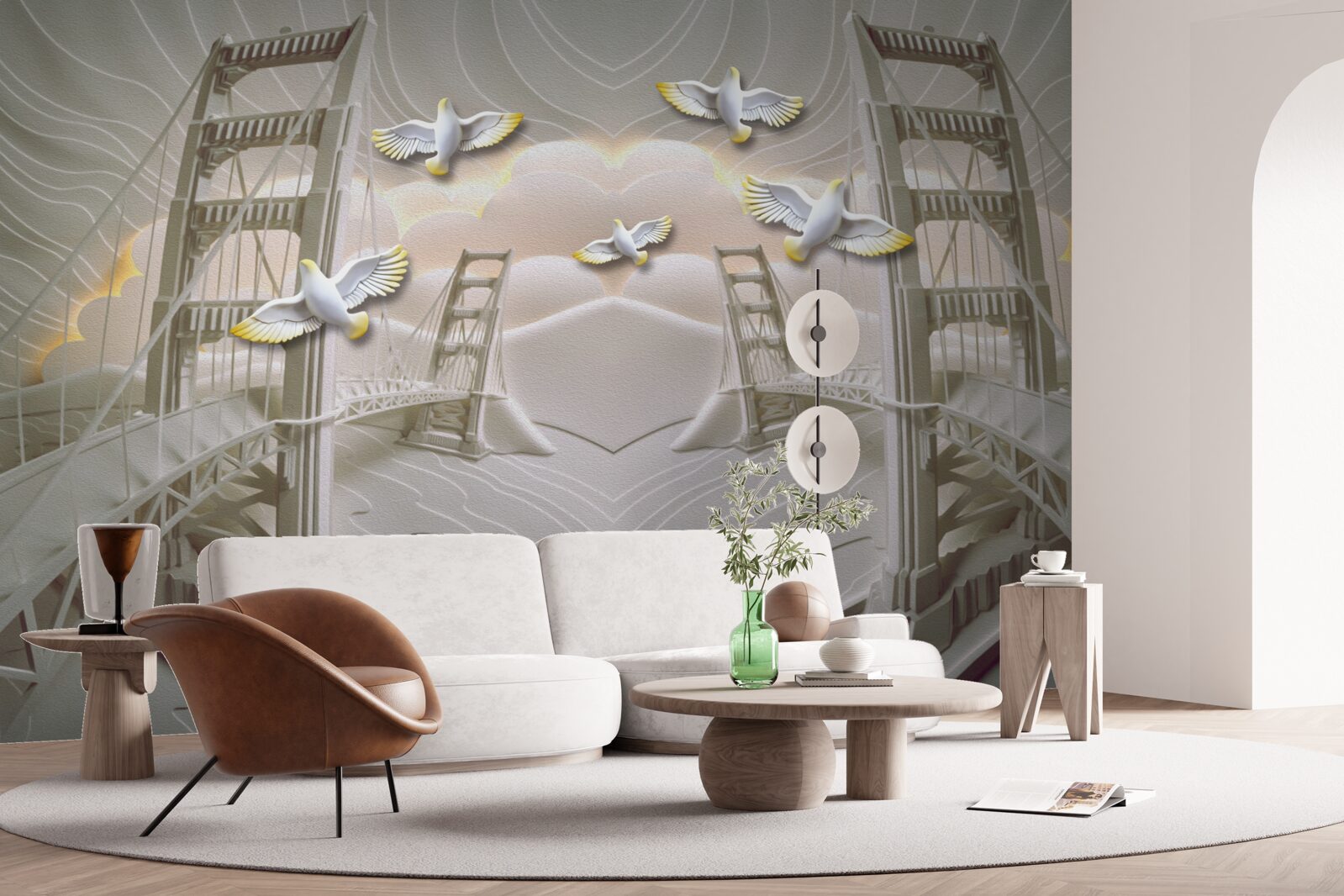 Fotobehang weerspiegeling van zwanen over bruggen