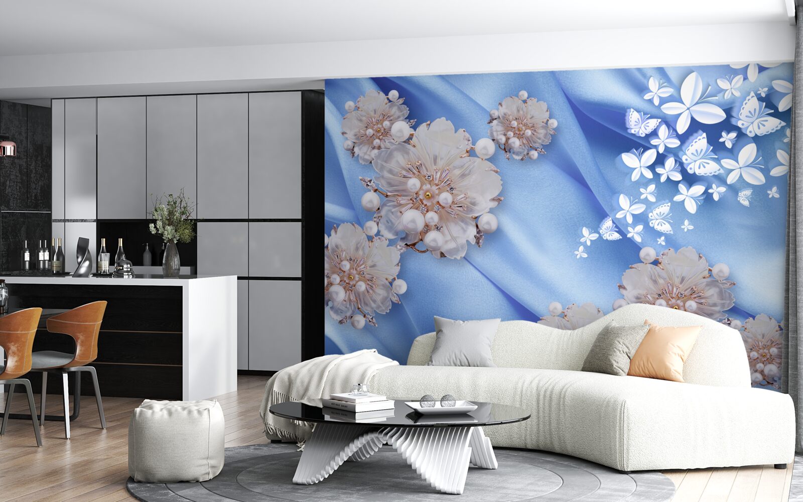 Fotobehang witte vlinders en bloemen op blauwe zijde