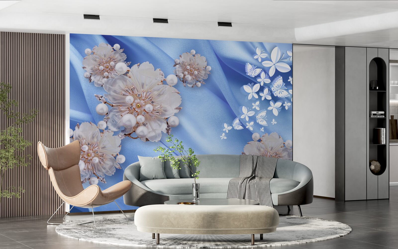 Fotobehang witte vlinders en bloemen op blauwe zijde