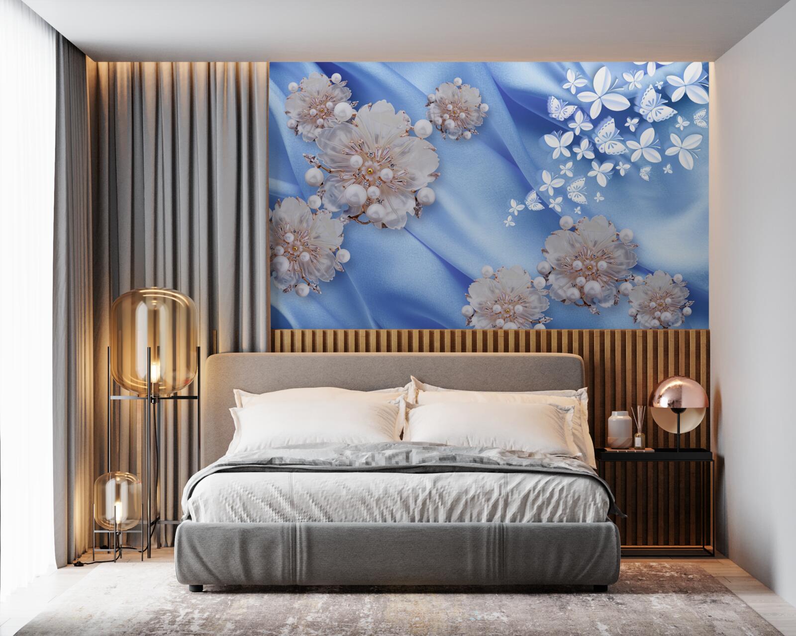 Fotobehang witte vlinders en bloemen op blauwe zijde