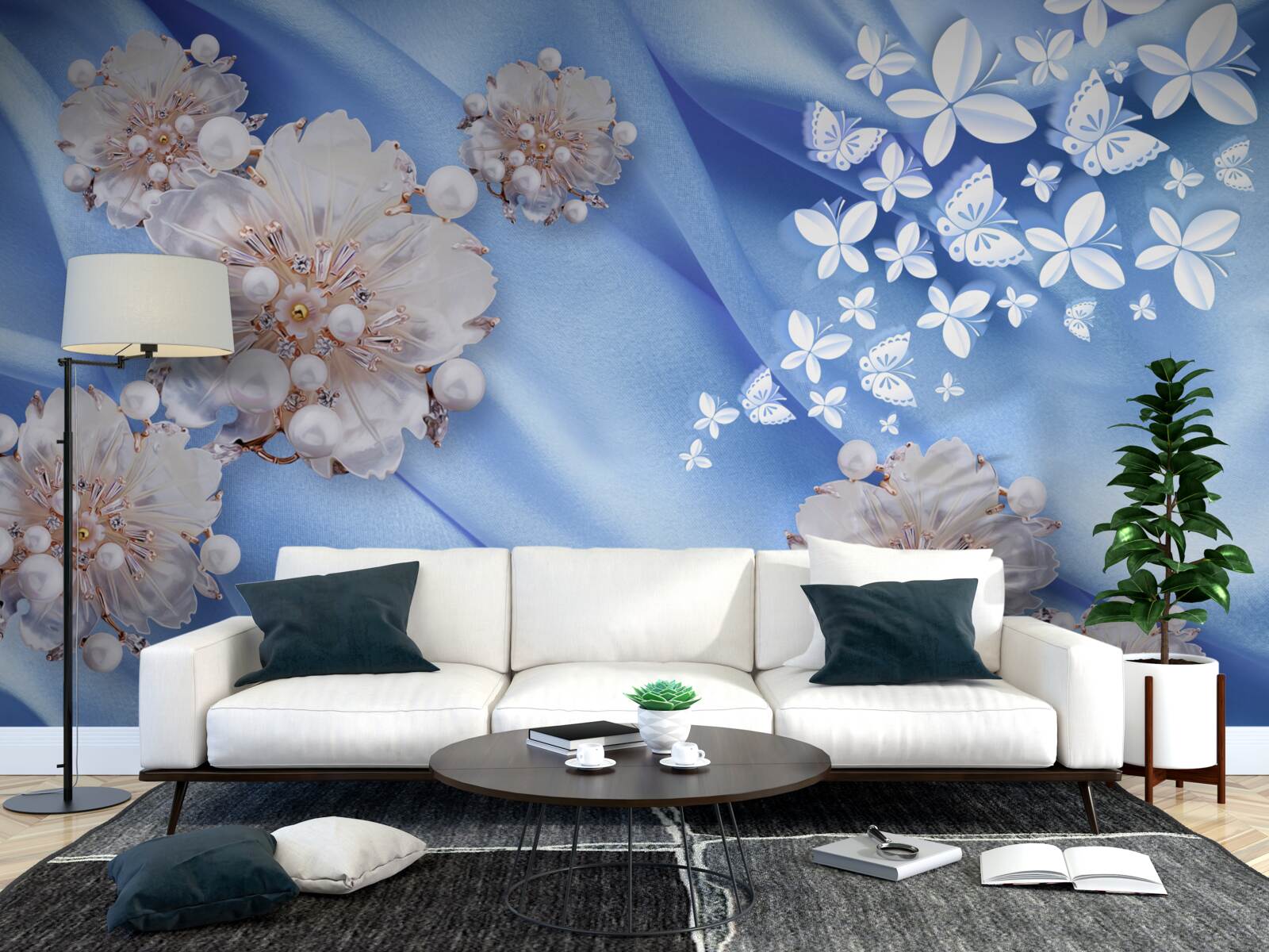 Fotobehang witte vlinders en bloemen op blauwe zijde