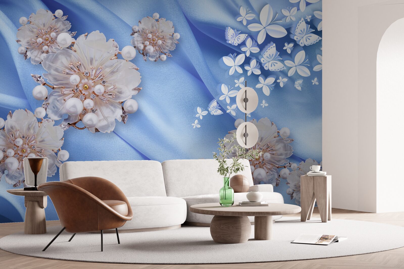 Fotobehang witte vlinders en bloemen op blauwe zijde