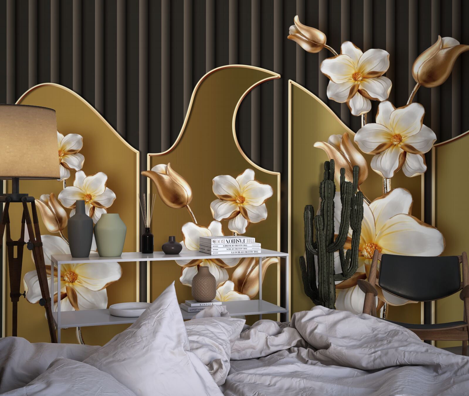 Fotobehang Sneeuwwitte hyacinten op een gouden achtergrond