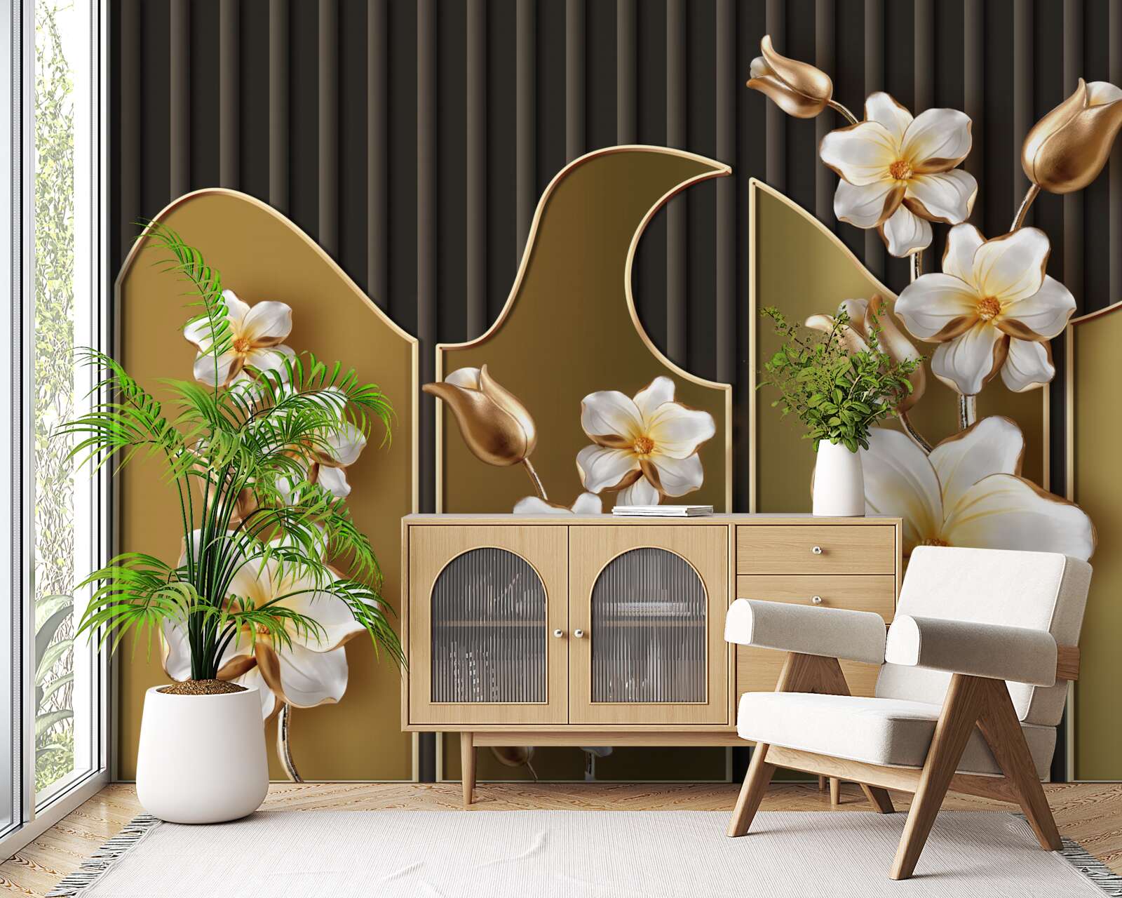 Fotobehang Sneeuwwitte hyacinten op een gouden achtergrond