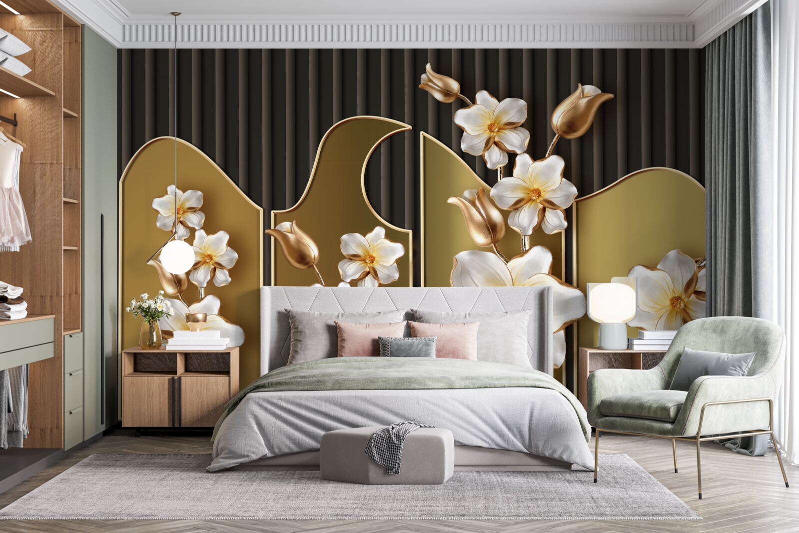 Fotobehang Sneeuwwitte hyacinten op een gouden achtergrond