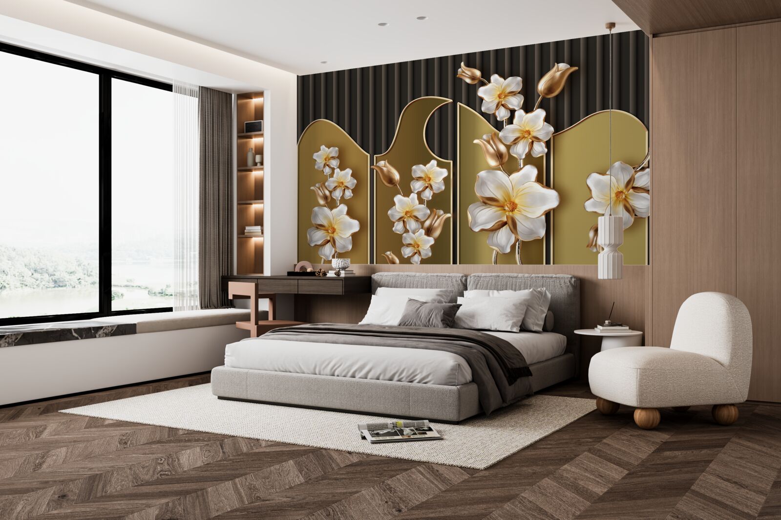 Fotobehang Sneeuwwitte hyacinten op een gouden achtergrond