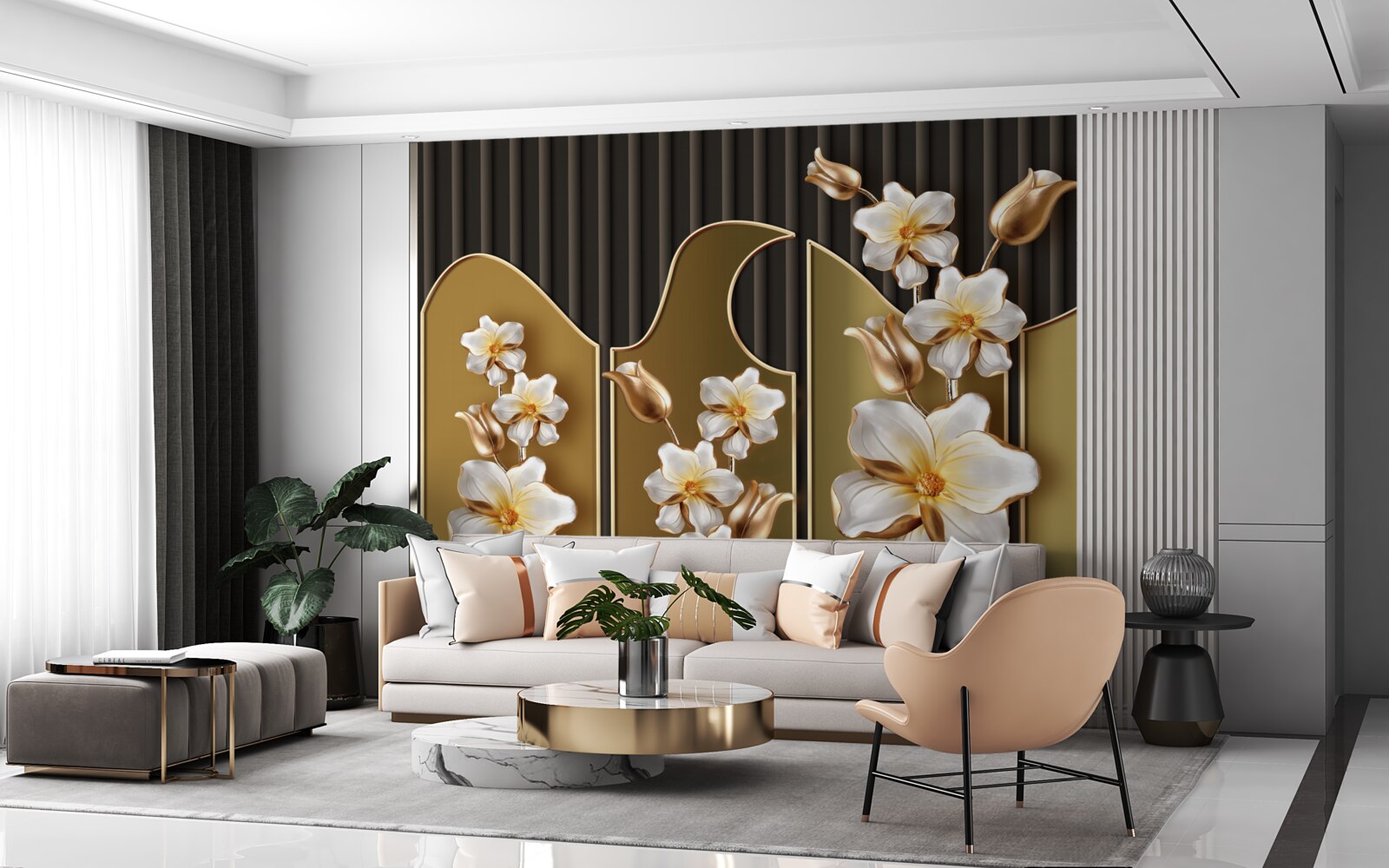 Fotobehang Sneeuwwitte hyacinten op een gouden achtergrond