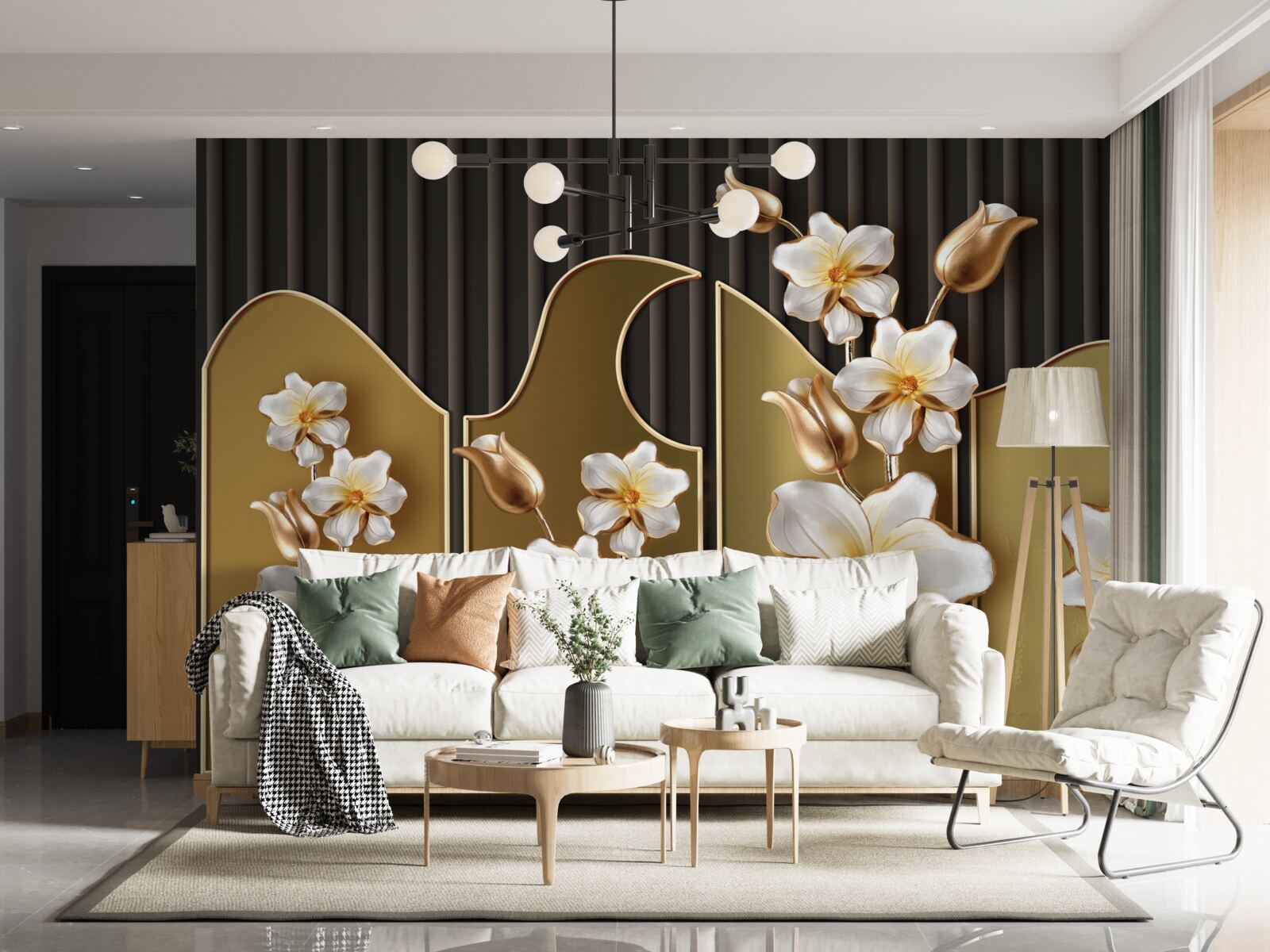 Fotobehang Sneeuwwitte hyacinten op een gouden achtergrond