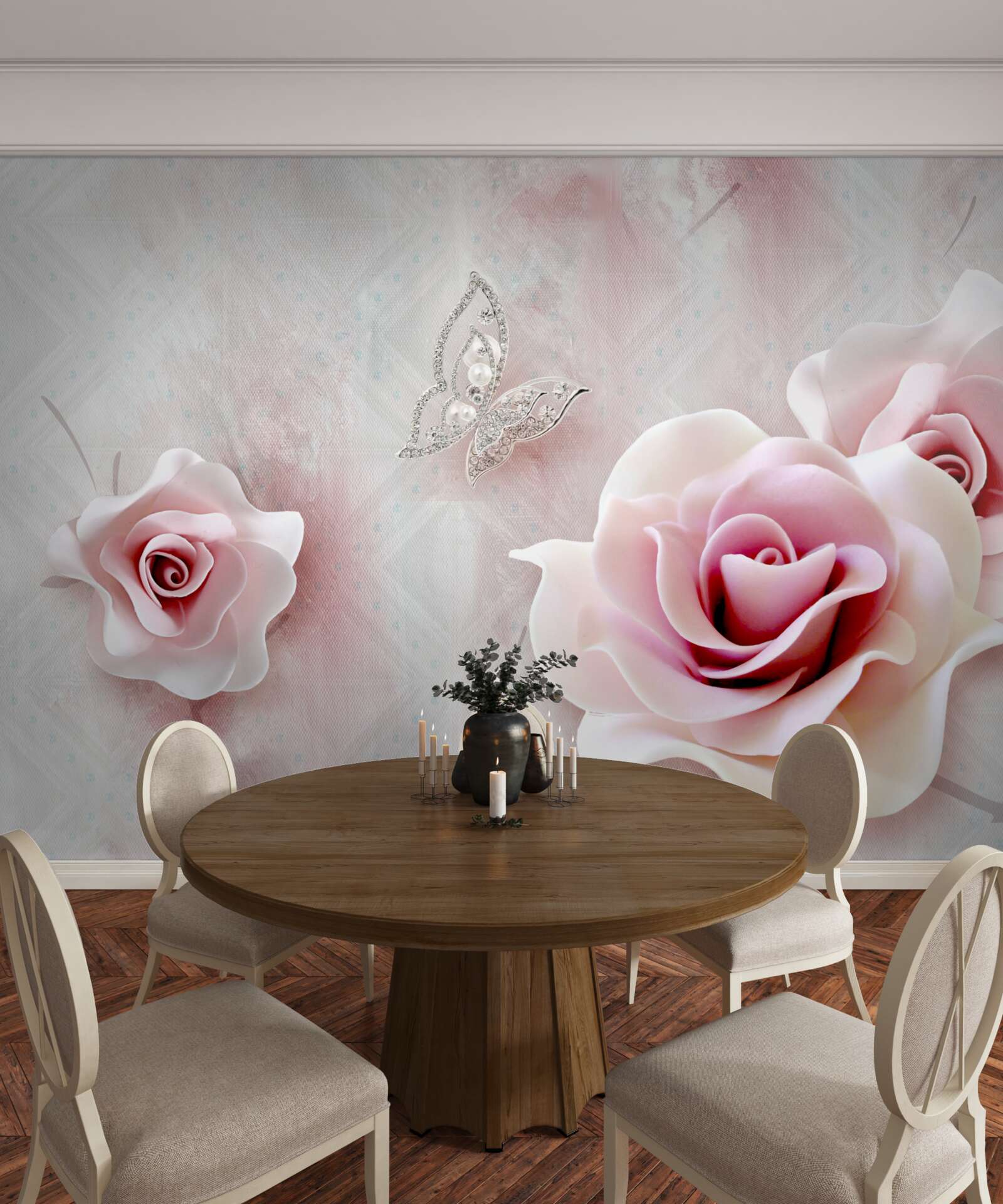 Fotobehang vlinders en rozenknoppen