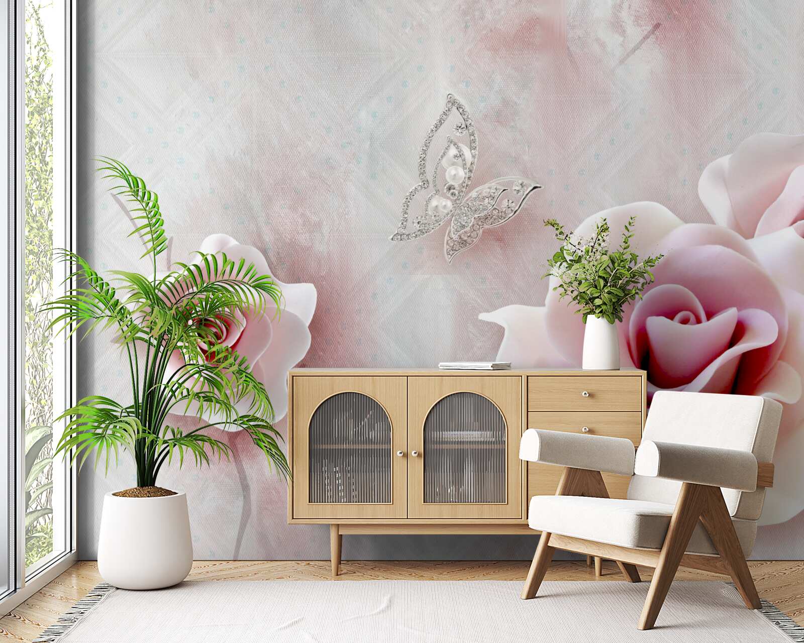 Fotobehang vlinders en rozenknoppen