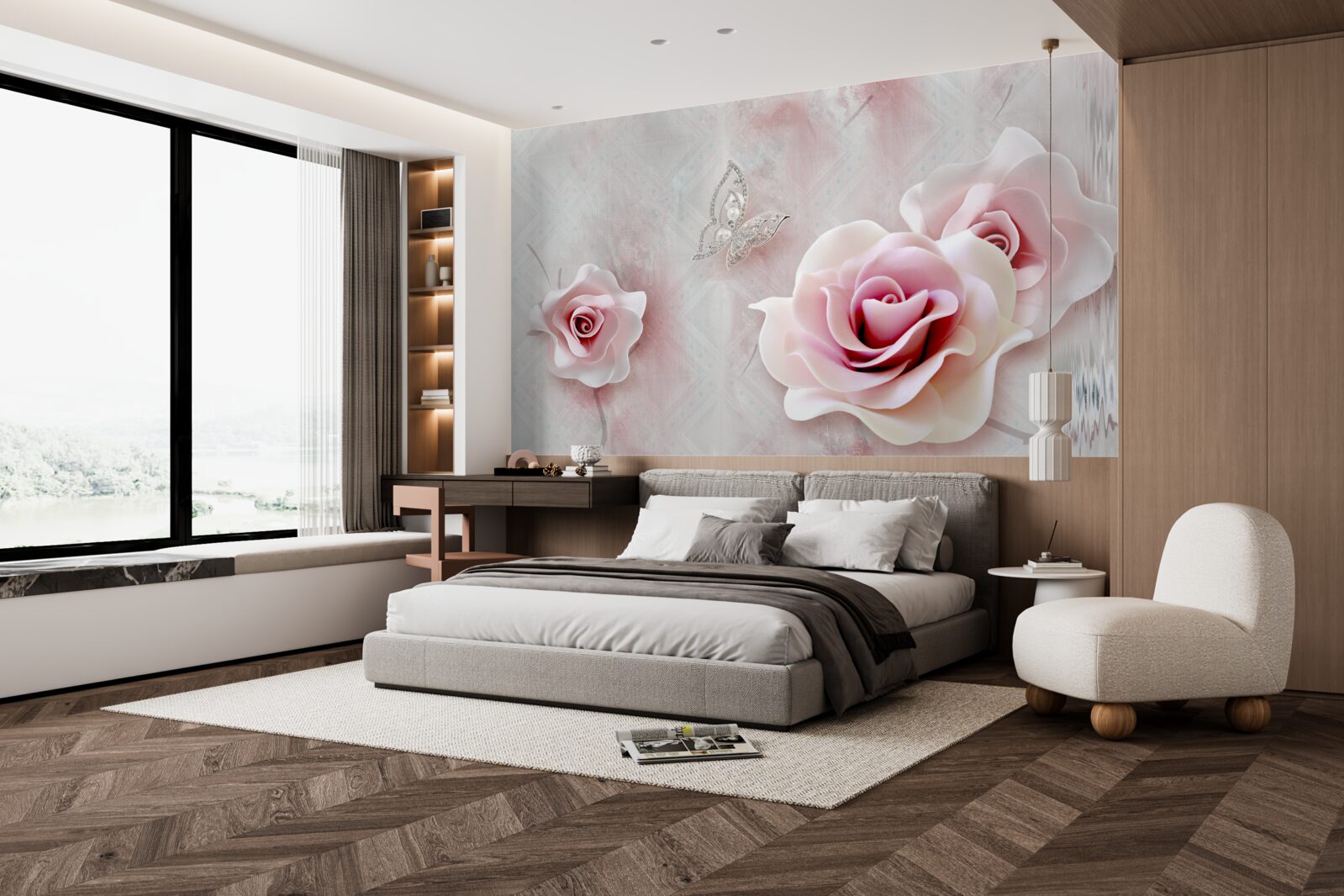 Fotobehang vlinders en rozenknoppen