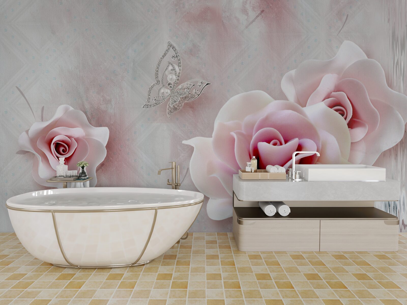 Fotobehang vlinders en rozenknoppen