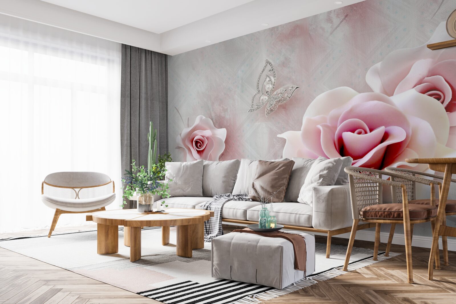 Fotobehang vlinders en rozenknoppen