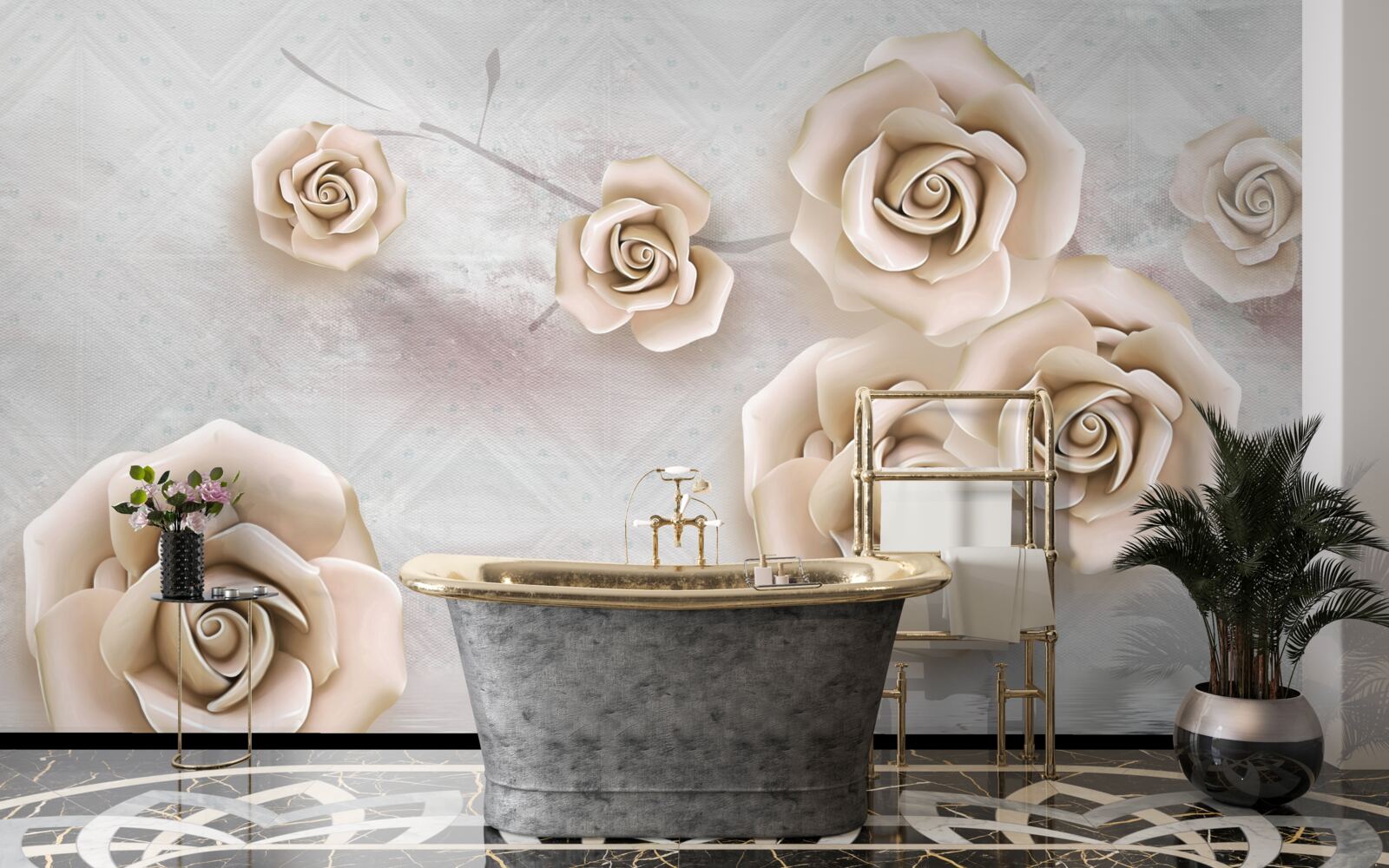 Fotobehang perzikkleurige roos boven de vloeistof