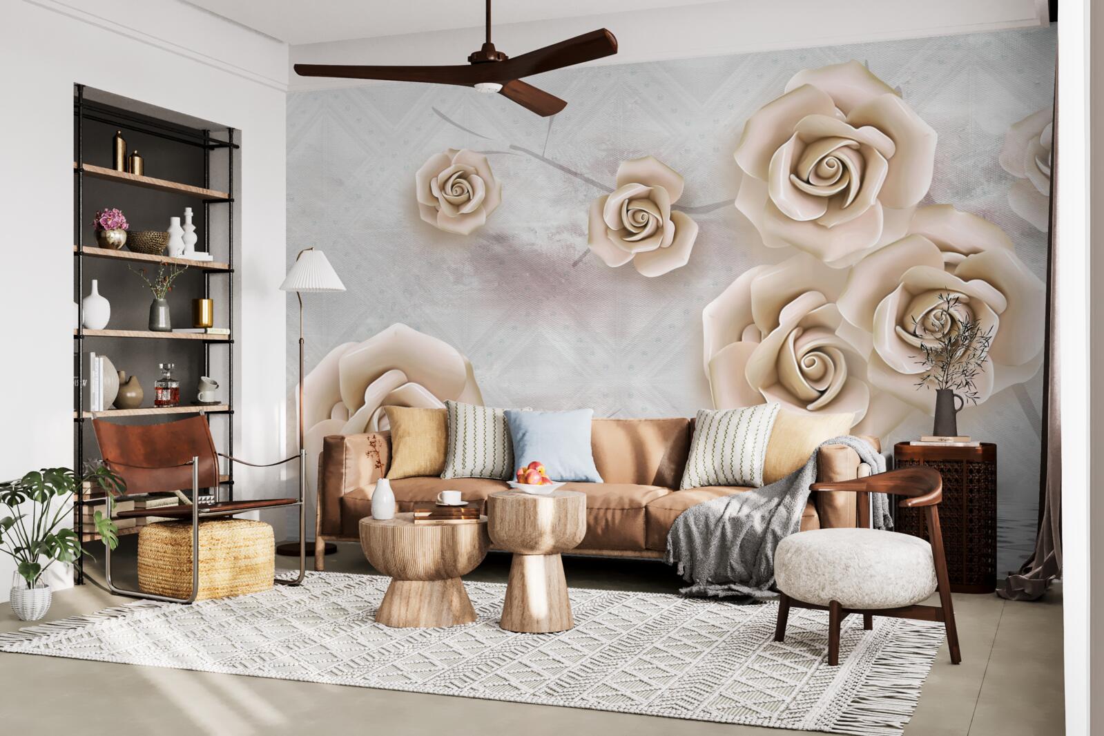 Fotobehang perzikkleurige roos boven de vloeistof