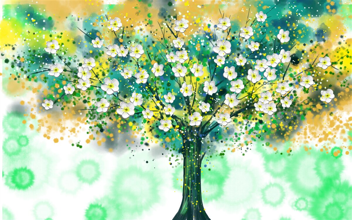 Fotobehang bloemen in verschillende tinten op een bloeiende boom