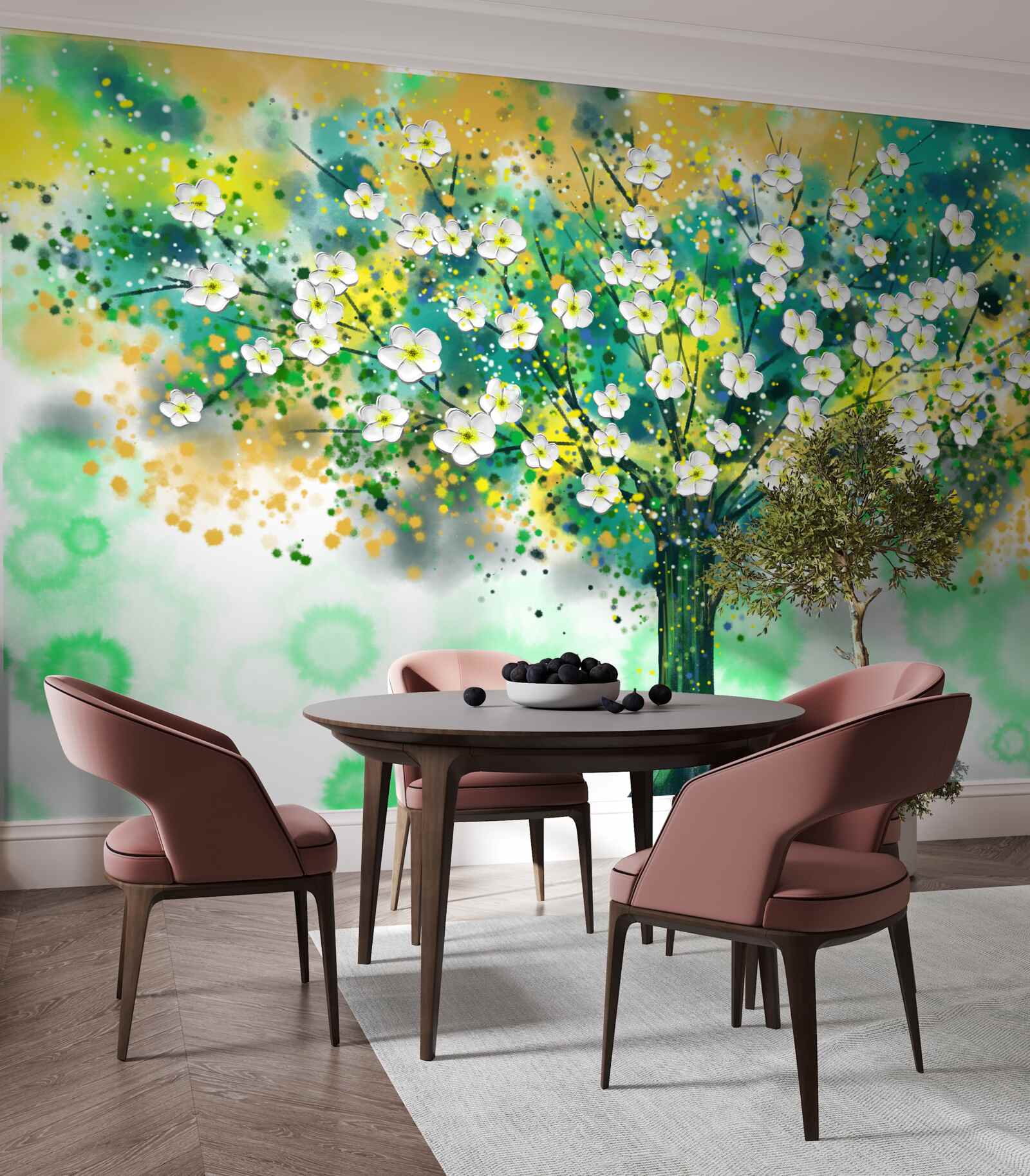 Fotobehang bloemen in verschillende tinten op een bloeiende boom