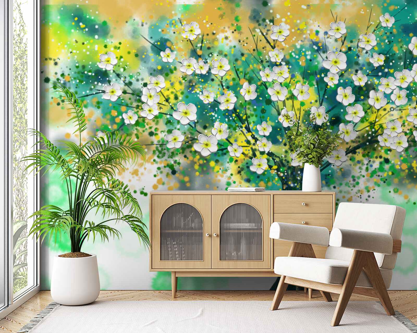 Fotobehang bloemen in verschillende tinten op een bloeiende boom