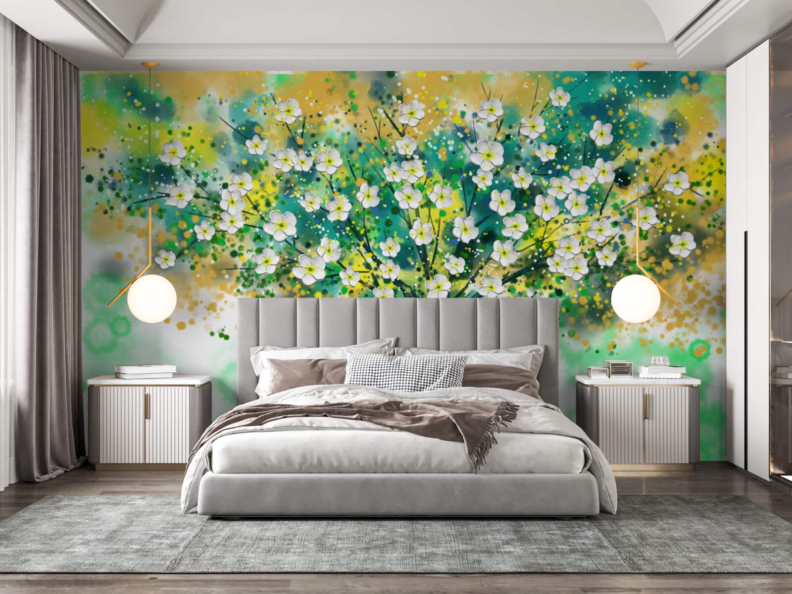 Fotobehang bloemen in verschillende tinten op een bloeiende boom