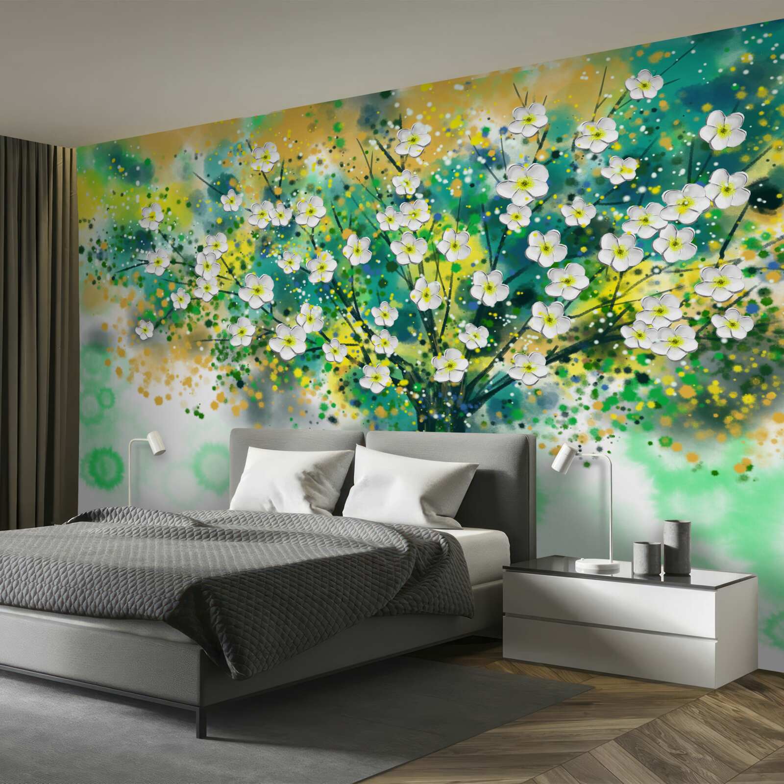 Fotobehang bloemen in verschillende tinten op een bloeiende boom