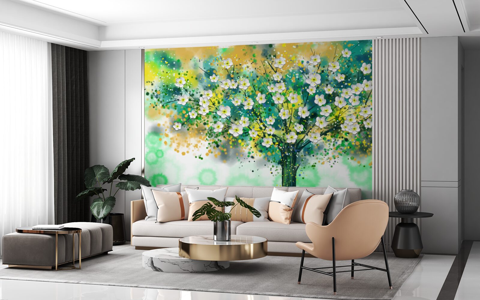 Fotobehang bloemen in verschillende tinten op een bloeiende boom