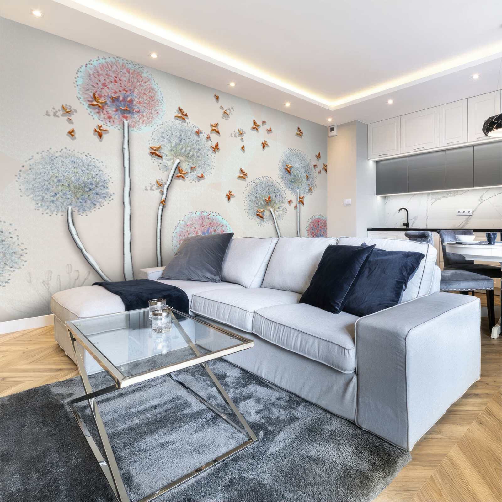 Fotobehang een veld met melkkruid omhult een vlucht vlinders