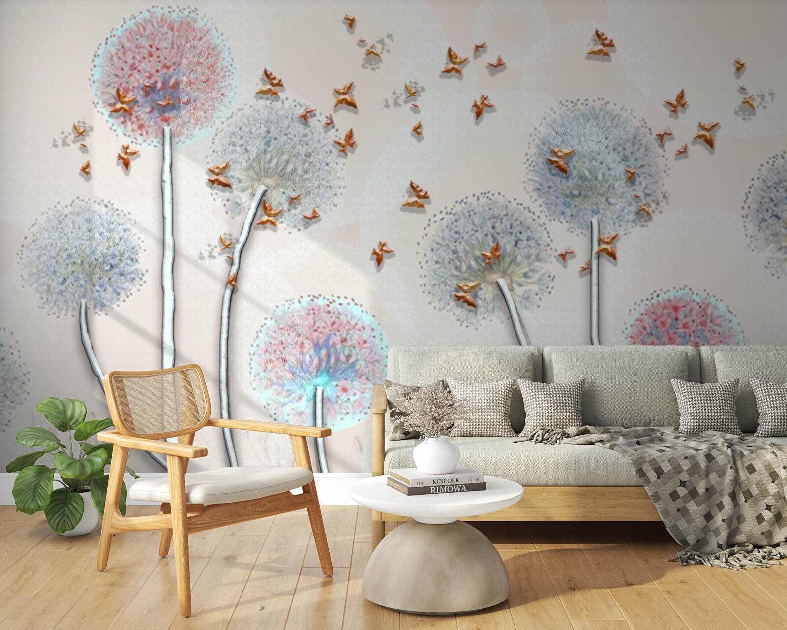 Fotobehang een veld met melkkruid omhult een vlucht vlinders