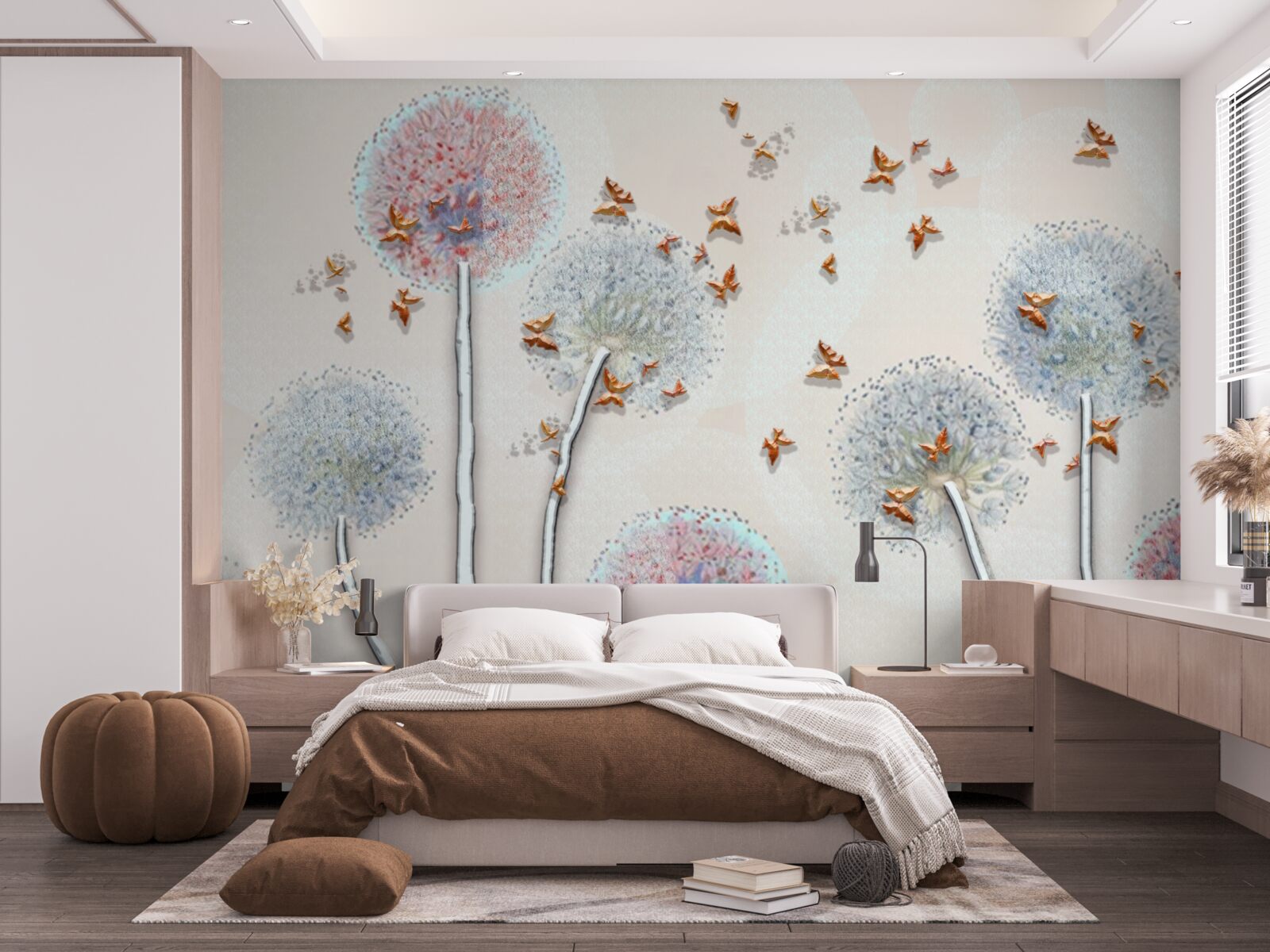 Fotobehang een veld met melkkruid omhult een vlucht vlinders