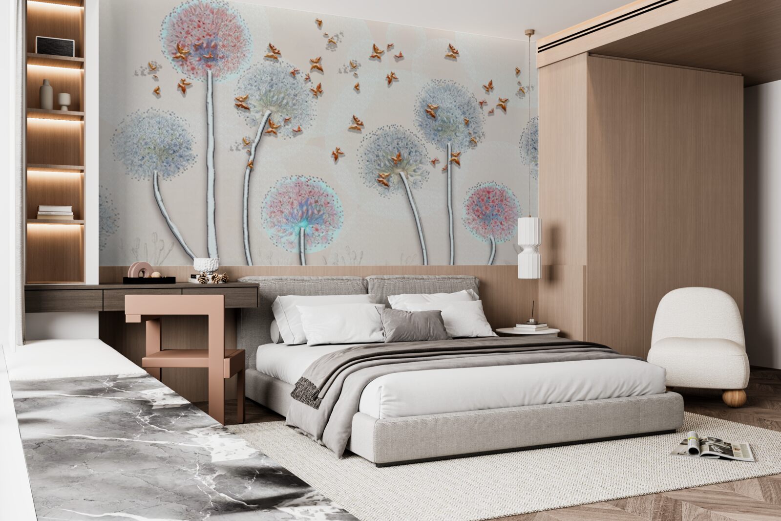 Fotobehang een veld met melkkruid omhult een vlucht vlinders