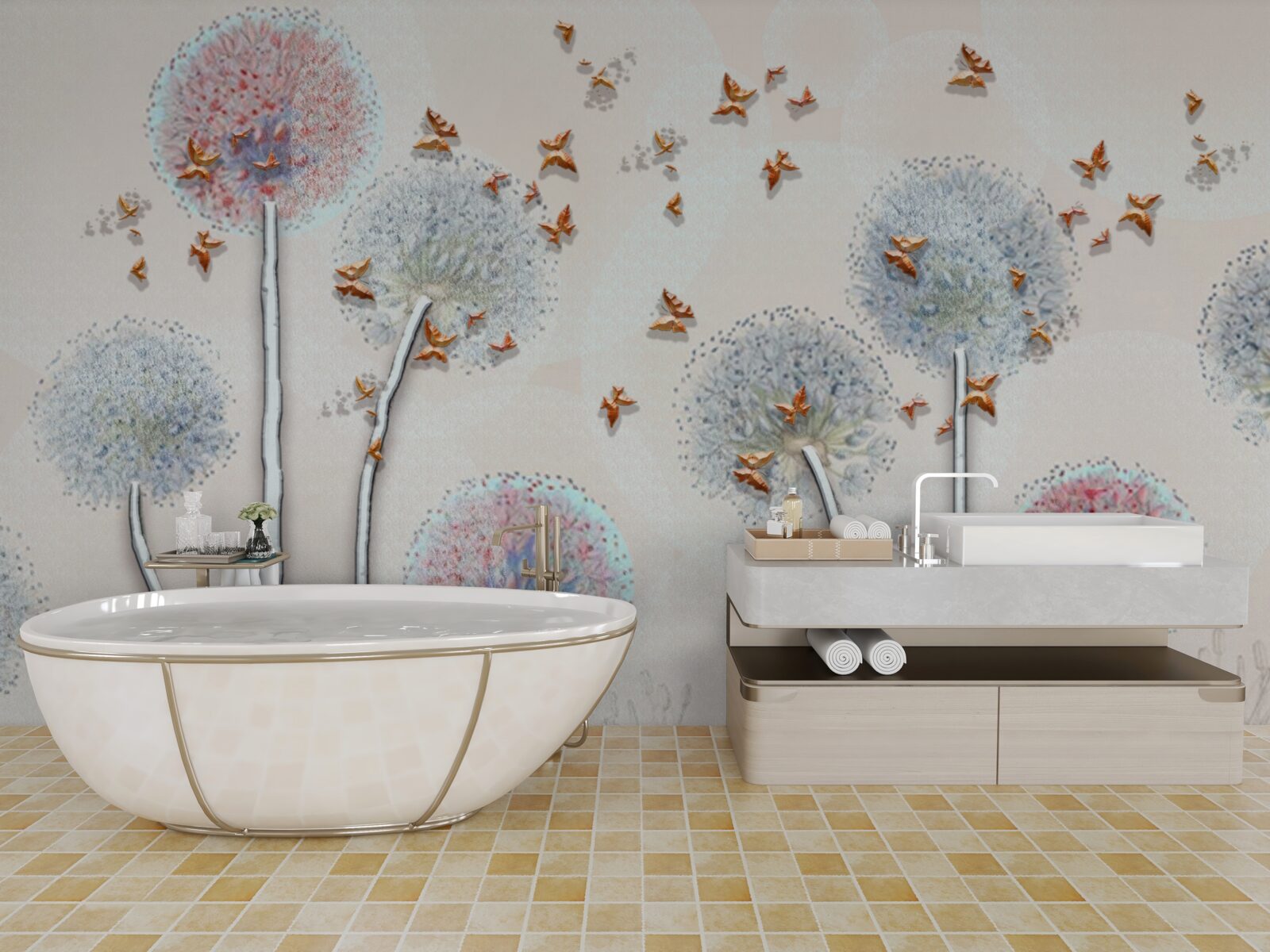 Fotobehang een veld met melkkruid omhult een vlucht vlinders