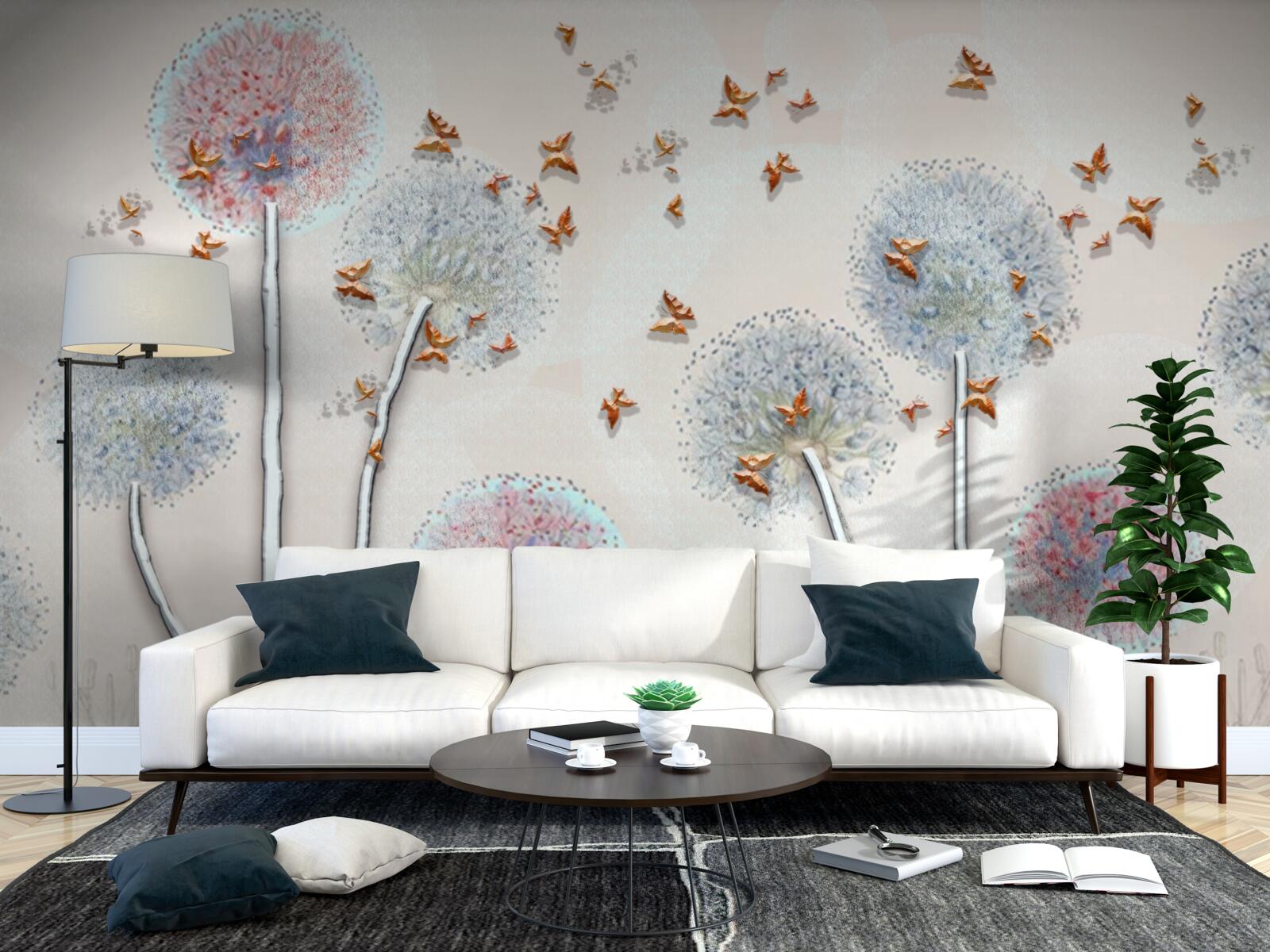 Fotobehang een veld met melkkruid omhult een vlucht vlinders