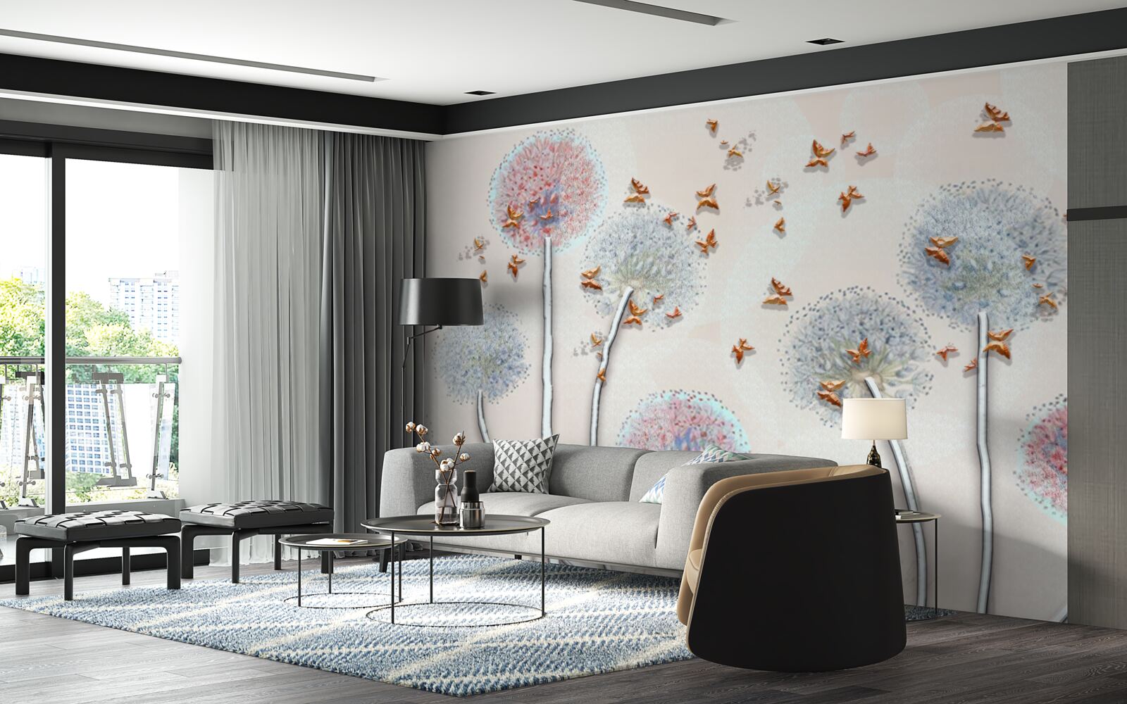 Fotobehang een veld met melkkruid omhult een vlucht vlinders