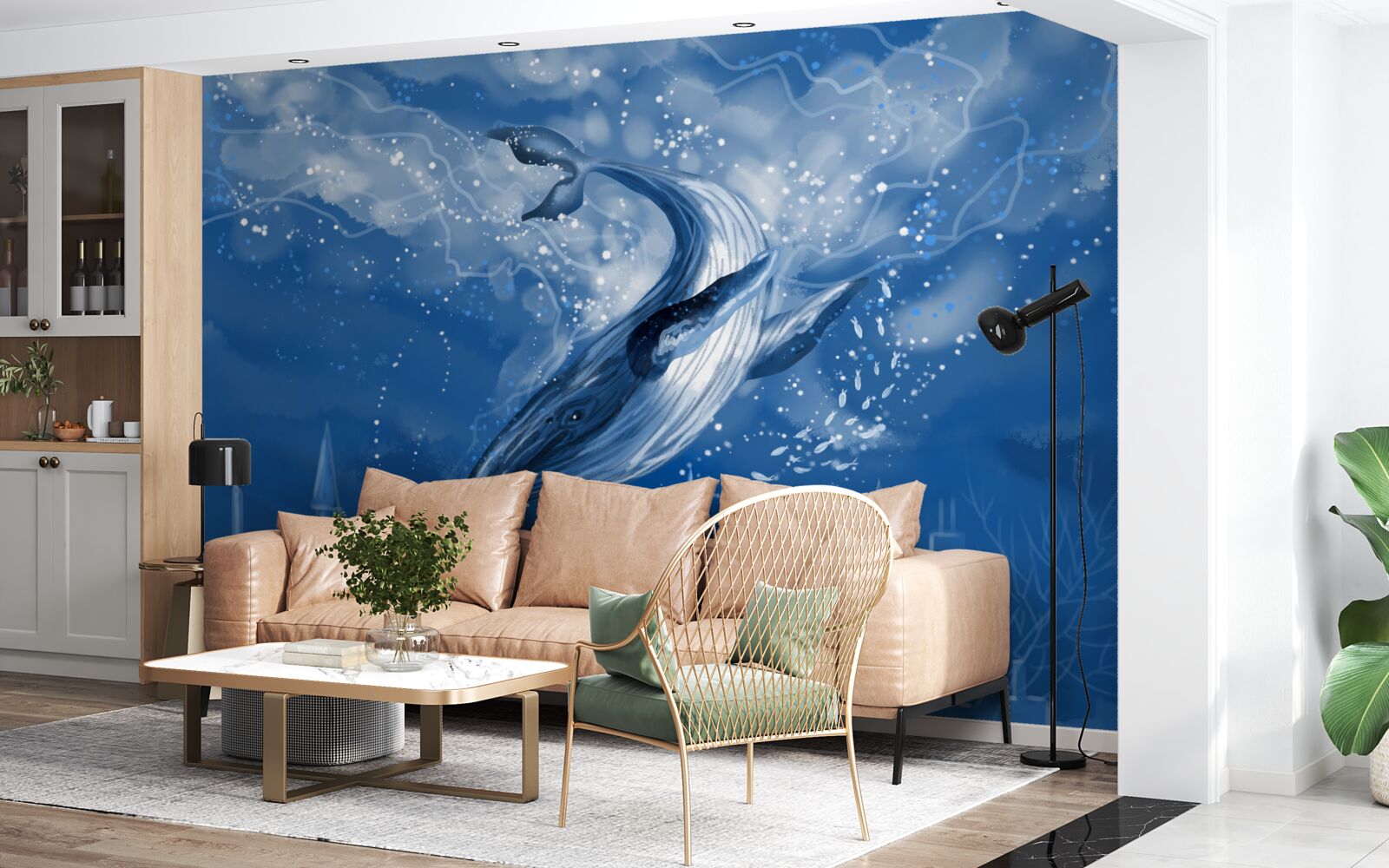 Fotobehang oceaanafgrond en blauwe vinvis