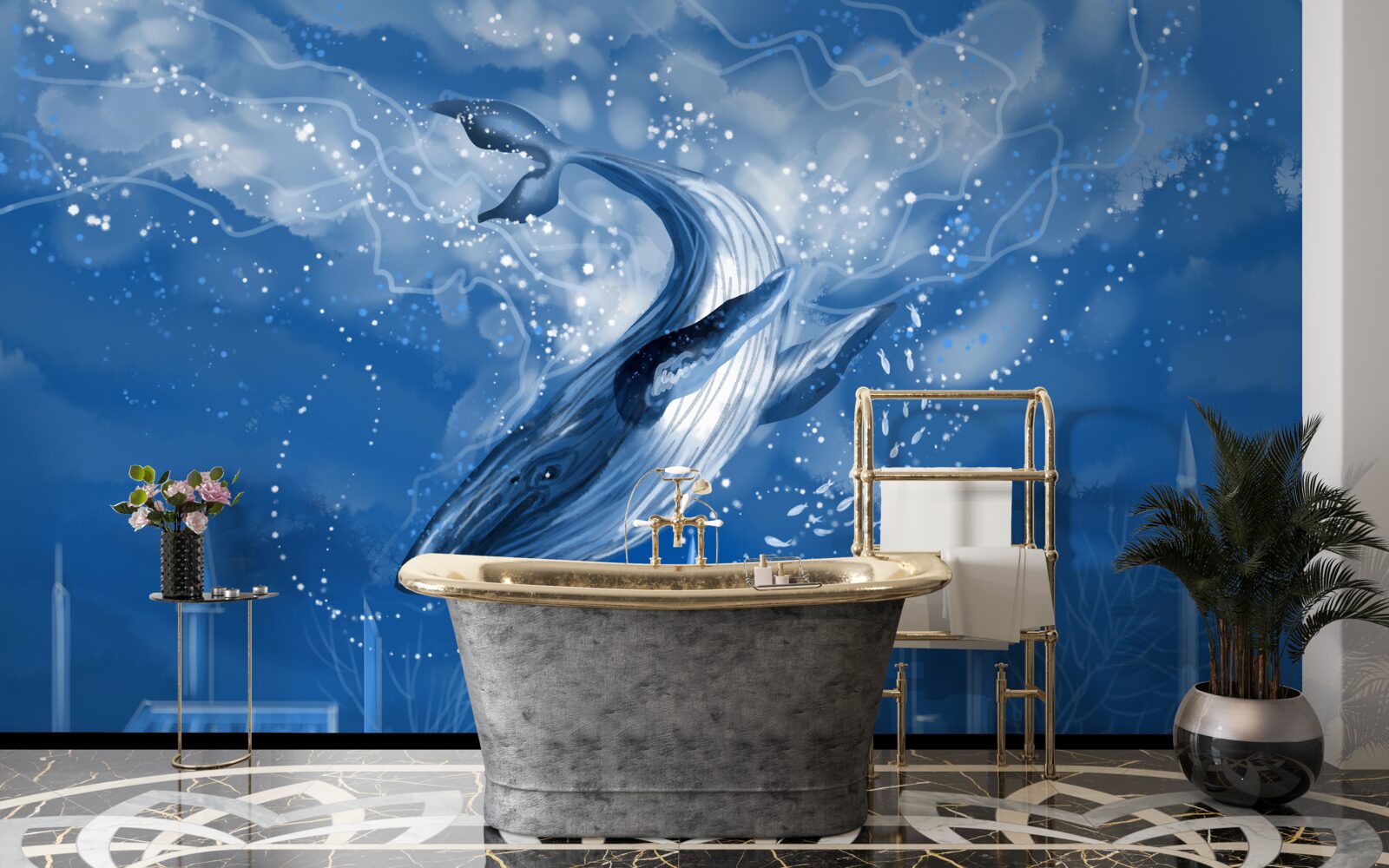 Fotobehang oceaanafgrond en blauwe vinvis