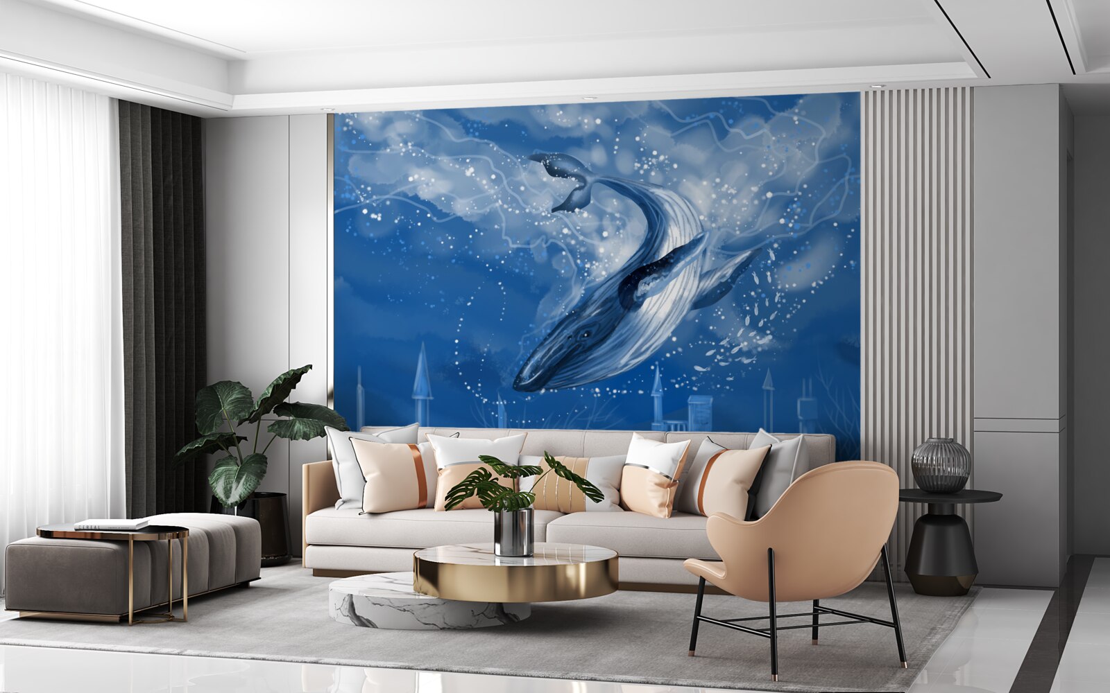 Fotobehang oceaanafgrond en blauwe vinvis