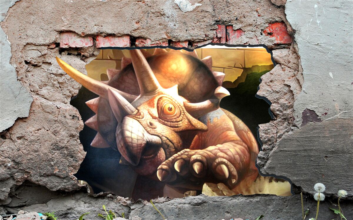 Fotobehang dinosaurus overwint obstakel van een stenen muur