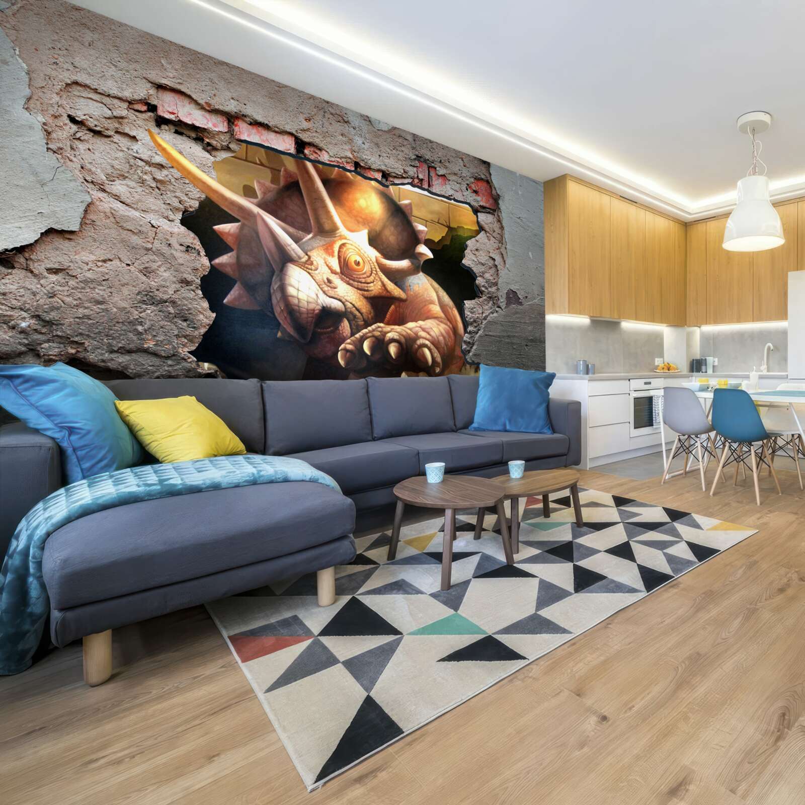 Fotobehang dinosaurus overwint obstakel van een stenen muur