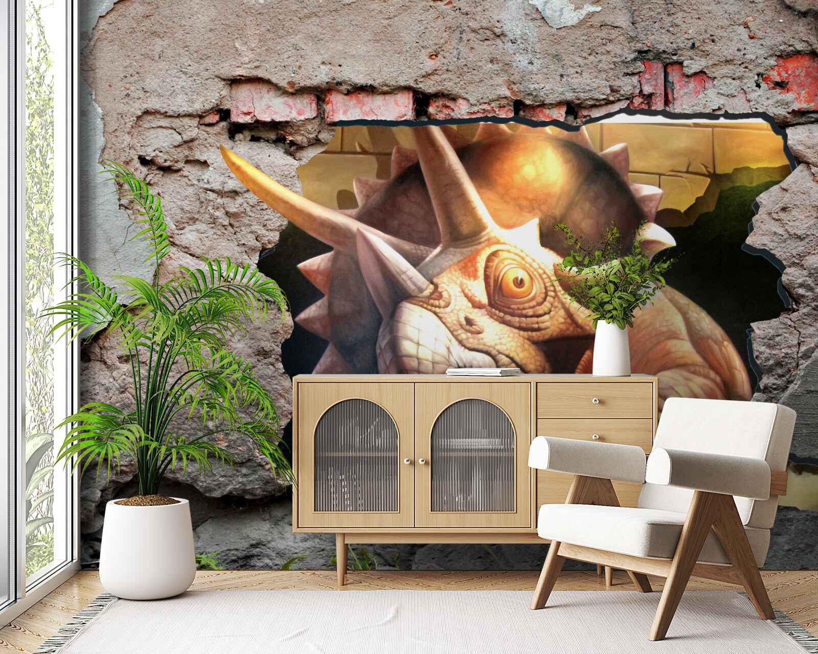 Fotobehang dinosaurus overwint obstakel van een stenen muur