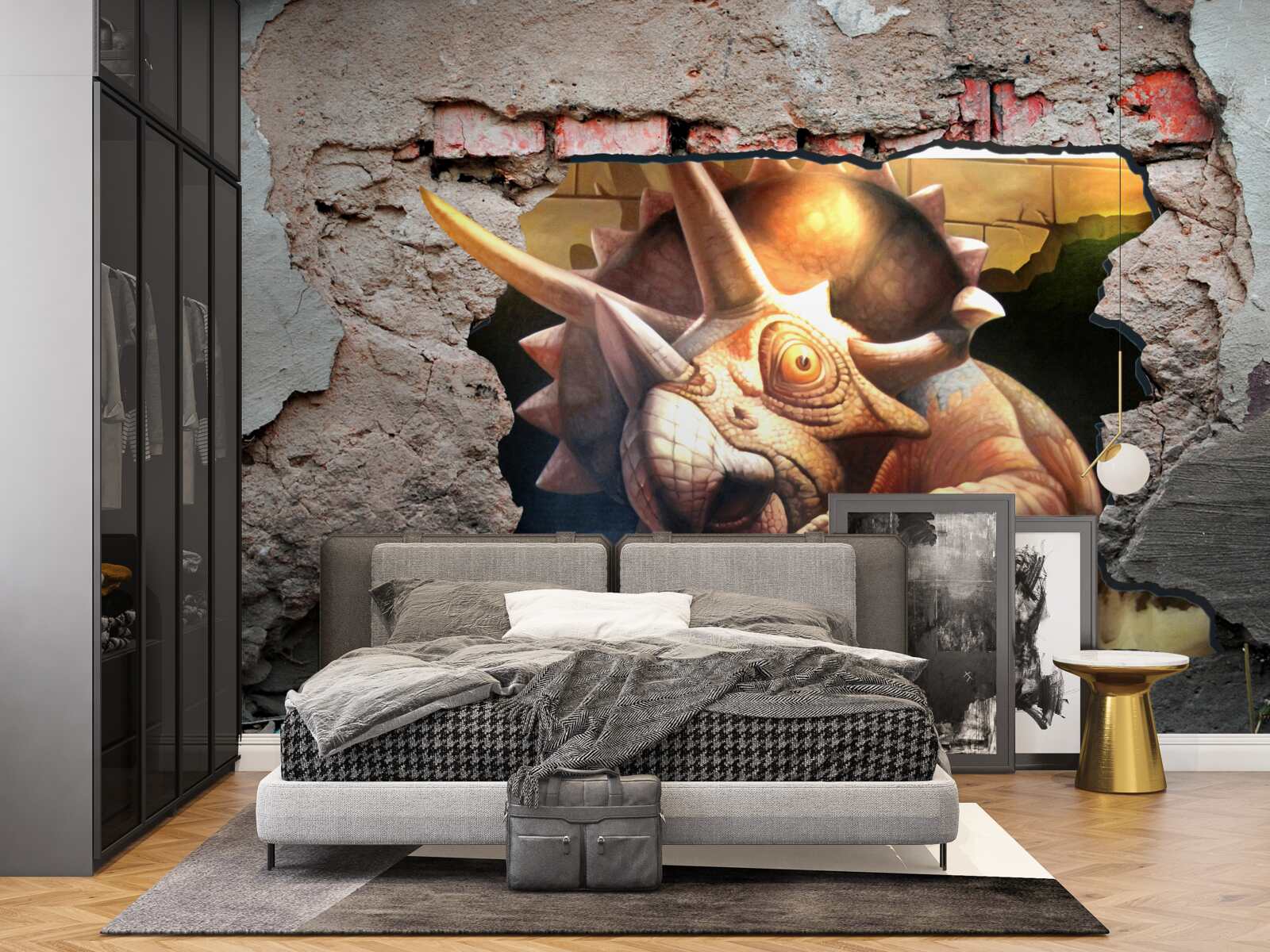 Fotobehang dinosaurus overwint obstakel van een stenen muur