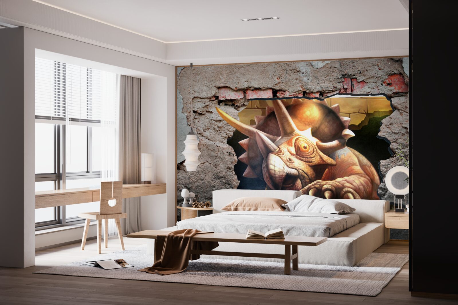 Fotobehang dinosaurus overwint obstakel van een stenen muur