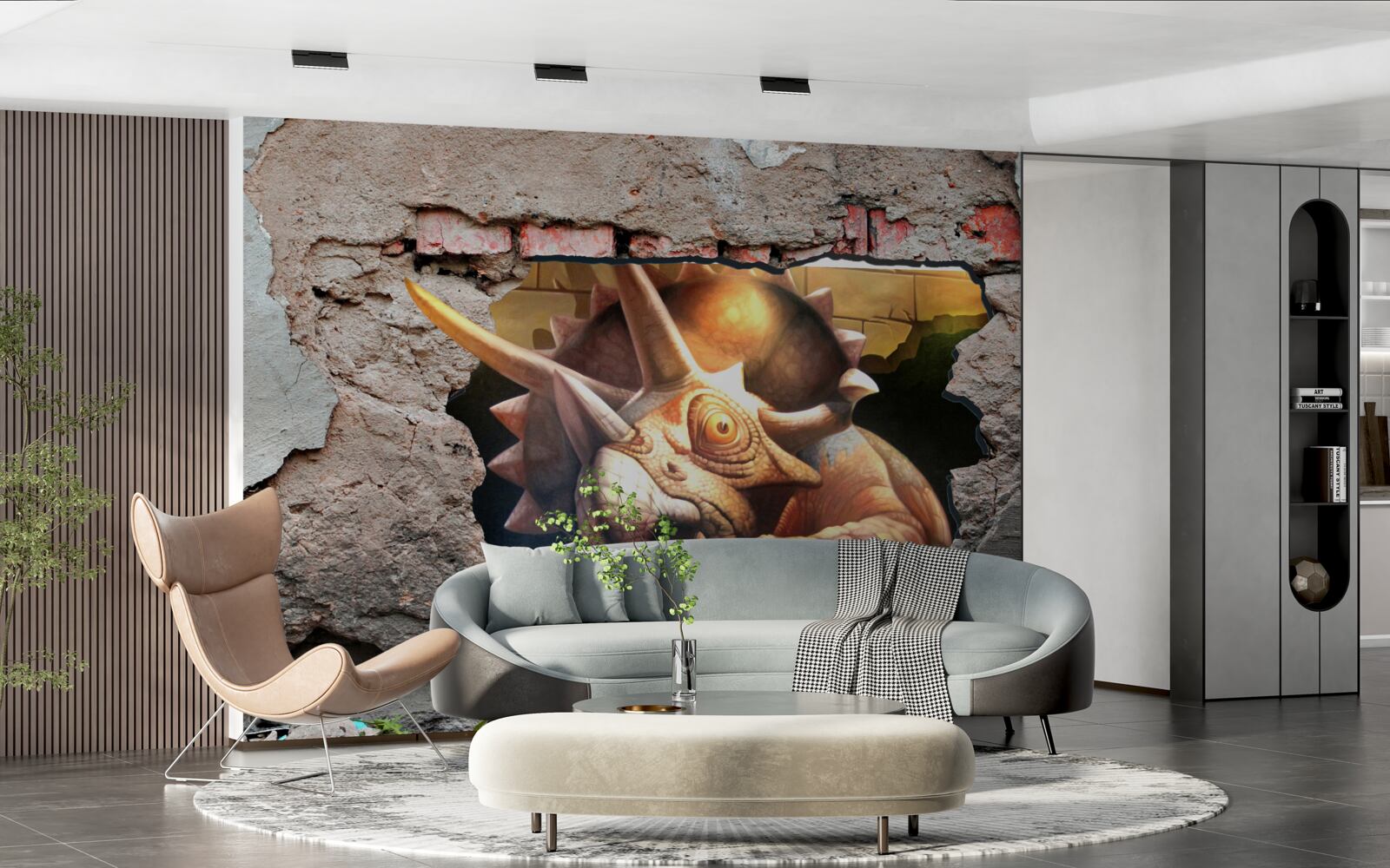 Fotobehang dinosaurus overwint obstakel van een stenen muur