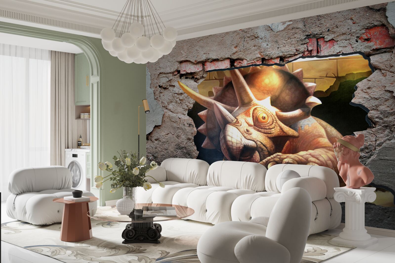 Fotobehang dinosaurus overwint obstakel van een stenen muur