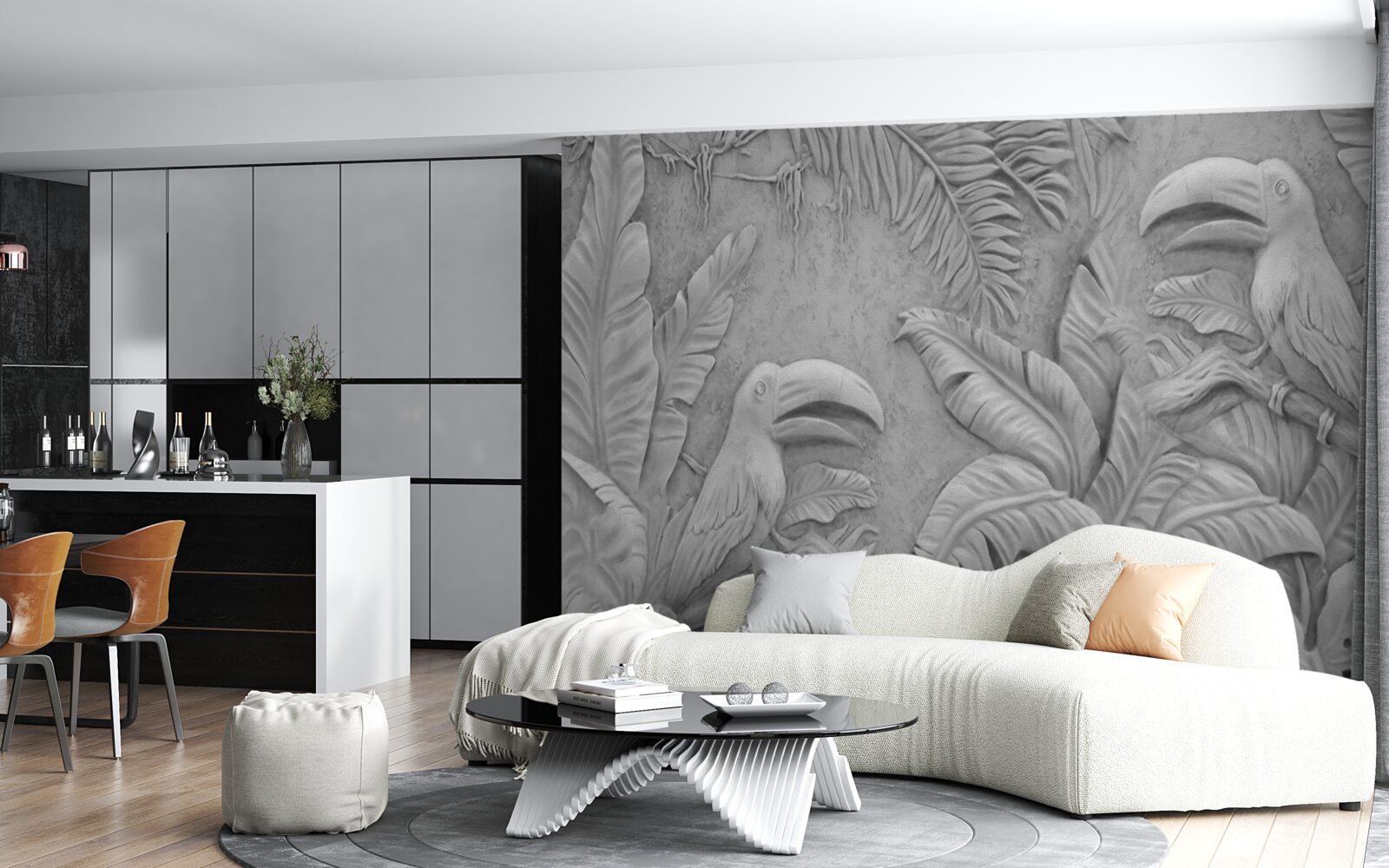 Fotobehang bas-reliëf tropische vogels in het bos