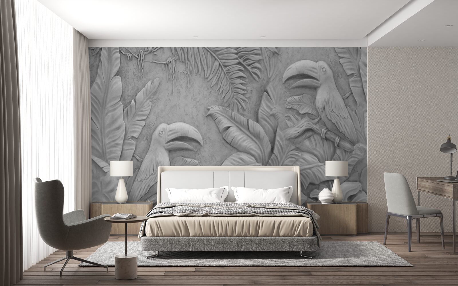 Fotobehang bas-reliëf tropische vogels in het bos