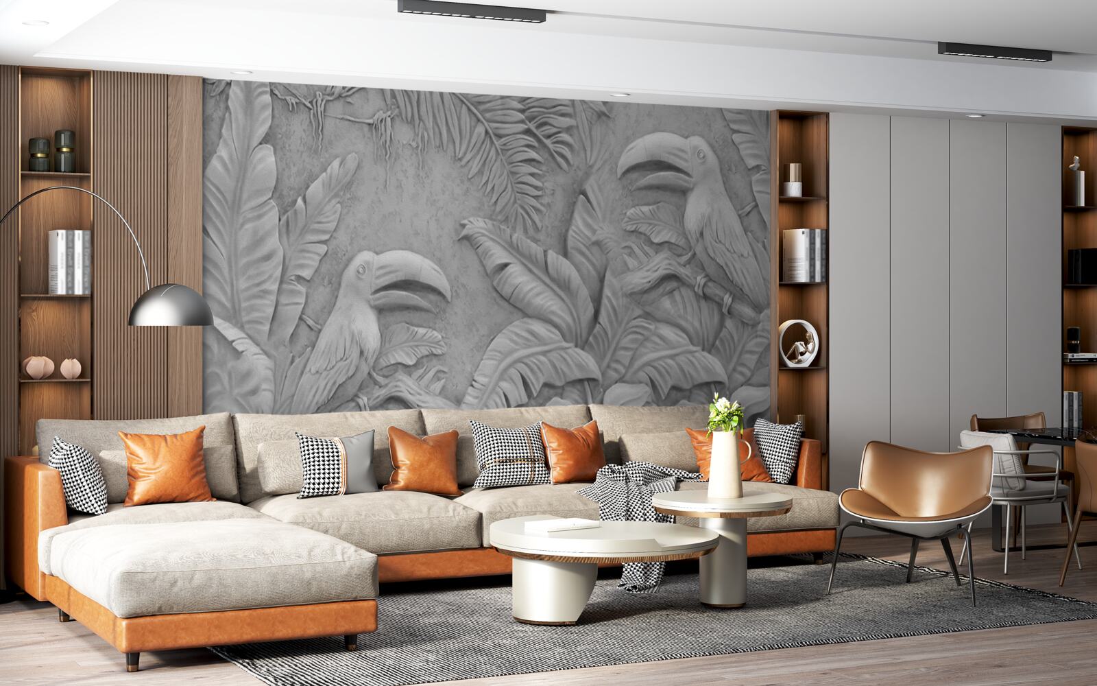 Fotobehang bas-reliëf tropische vogels in het bos