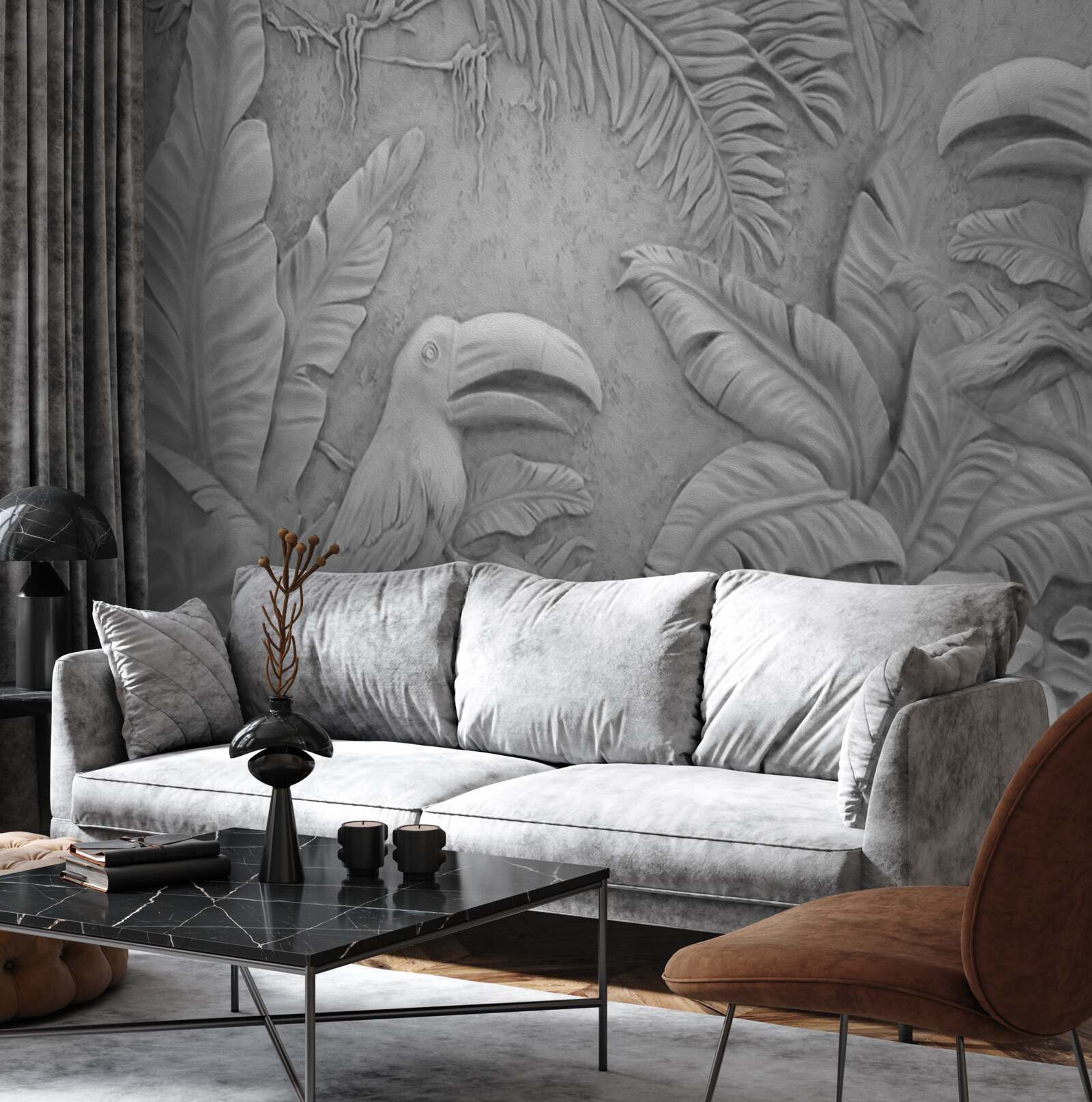 Fotobehang bas-reliëf tropische vogels in het bos