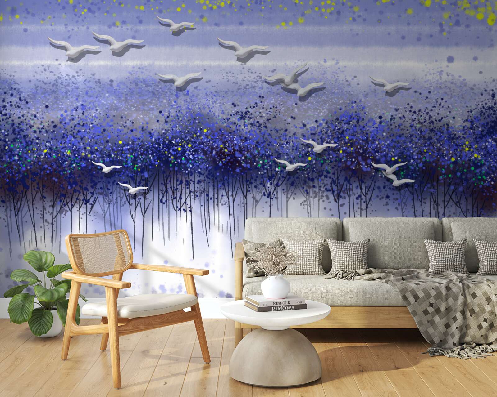 Fotobehang een groep vogels in de lucht boven het bos en het meer, ondergedompeld in de schemering