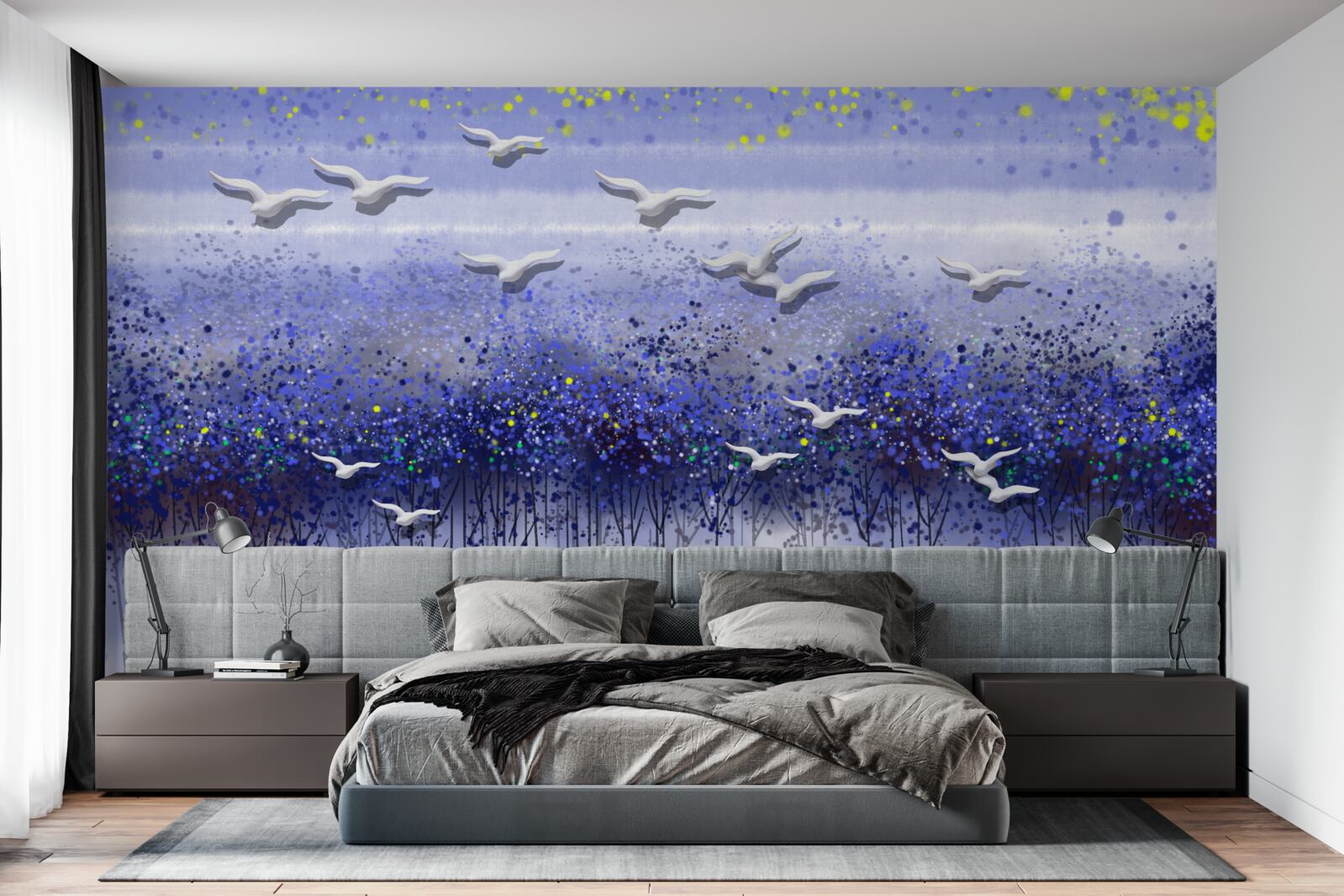 Fotobehang een groep vogels in de lucht boven het bos en het meer, ondergedompeld in de schemering