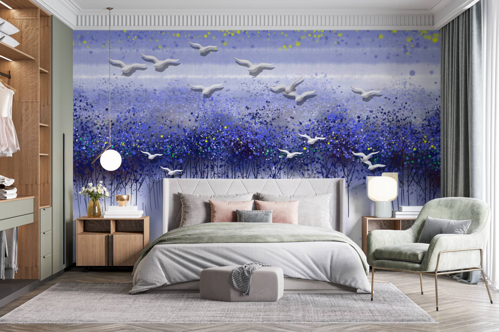 Fotobehang een groep vogels in de lucht boven het bos en het meer, ondergedompeld in de schemering