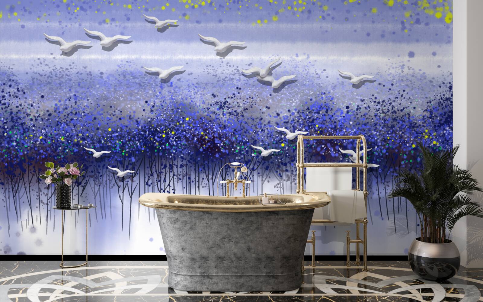 Fotobehang een groep vogels in de lucht boven het bos en het meer, ondergedompeld in de schemering